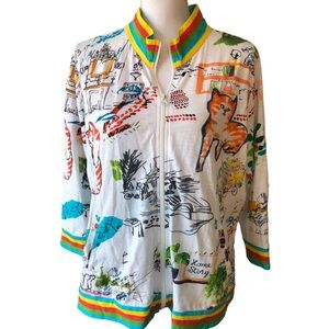 Parsley & Sage Cat Theme Cotton Zipper Front Jacket Top